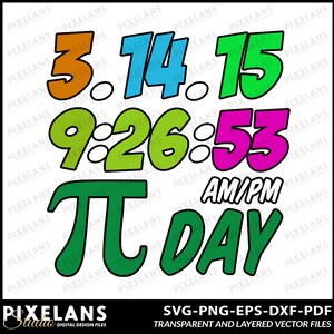 May include: A green and white graphic design with the text "3.14.15 9:26:53 AM/PM PI DAY" in a comic book style font.