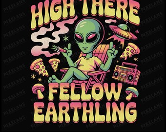 Funny Alien PNG, Fellow Earthling Design, Retro Sci-Fi (Digital Download)