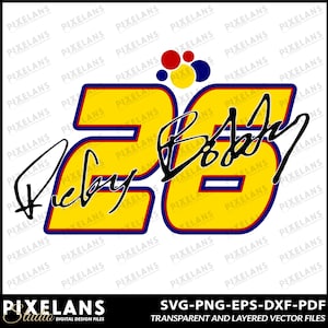 May include: A yellow number 28 with a blue and red outline. The number is surrounded by a cluster of red, yellow, and blue circles. The name "Ricky Bobby" is written in black cursive below the number.