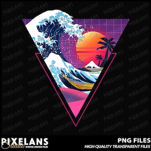 Puede incluir: Una ilustración digital de una gran ola azul rompiendo contra un fondo rosa y morado con una puesta de sol retro y palmeras. La ola está en forma de triángulo con un contorno rosa.