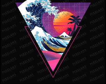 Vaporwave Great Wave Art, Retro 80s Cyberpunk Sunset (digital