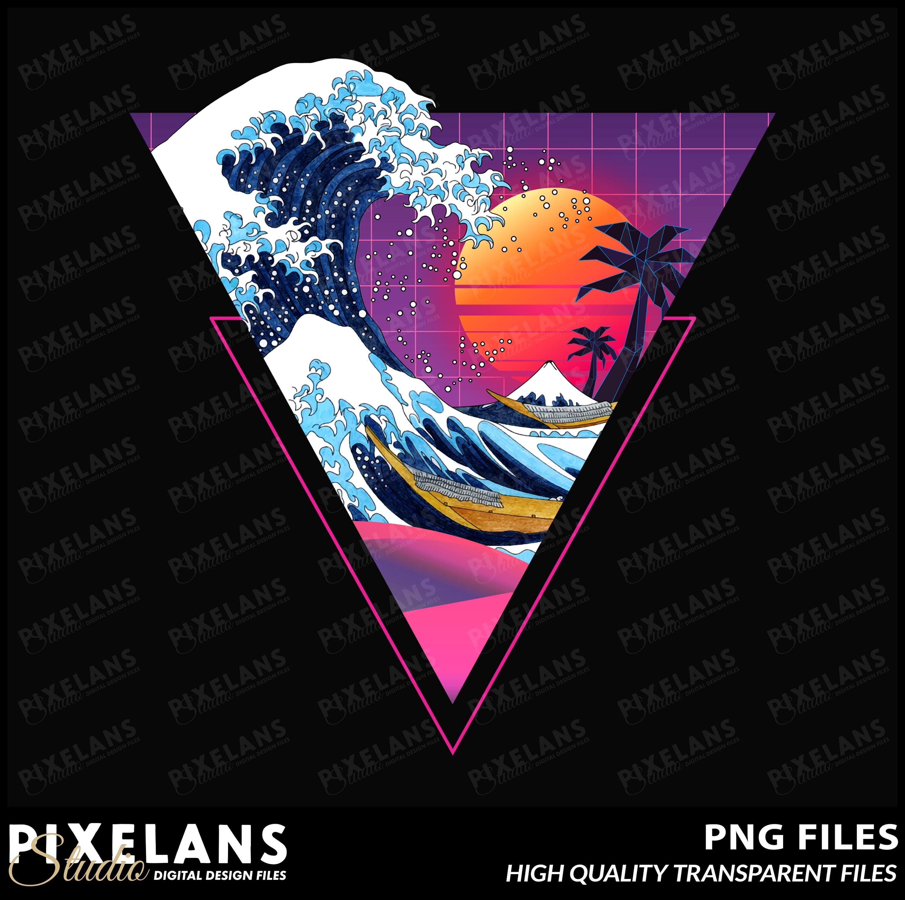 Vaporwave Great Wave Digital Design Download, Retro Wave Aesthetic