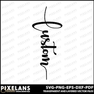 May include: A black, vertical design element featuring the word "Custom" in a stylized, cursive font. The design includes a looping flourish at the top and a descending line. The bottom of the image includes the text "SVG-PNG-EPS-DXF-PDF TRANSPARENT AND LAYERED VECTOR FILES".