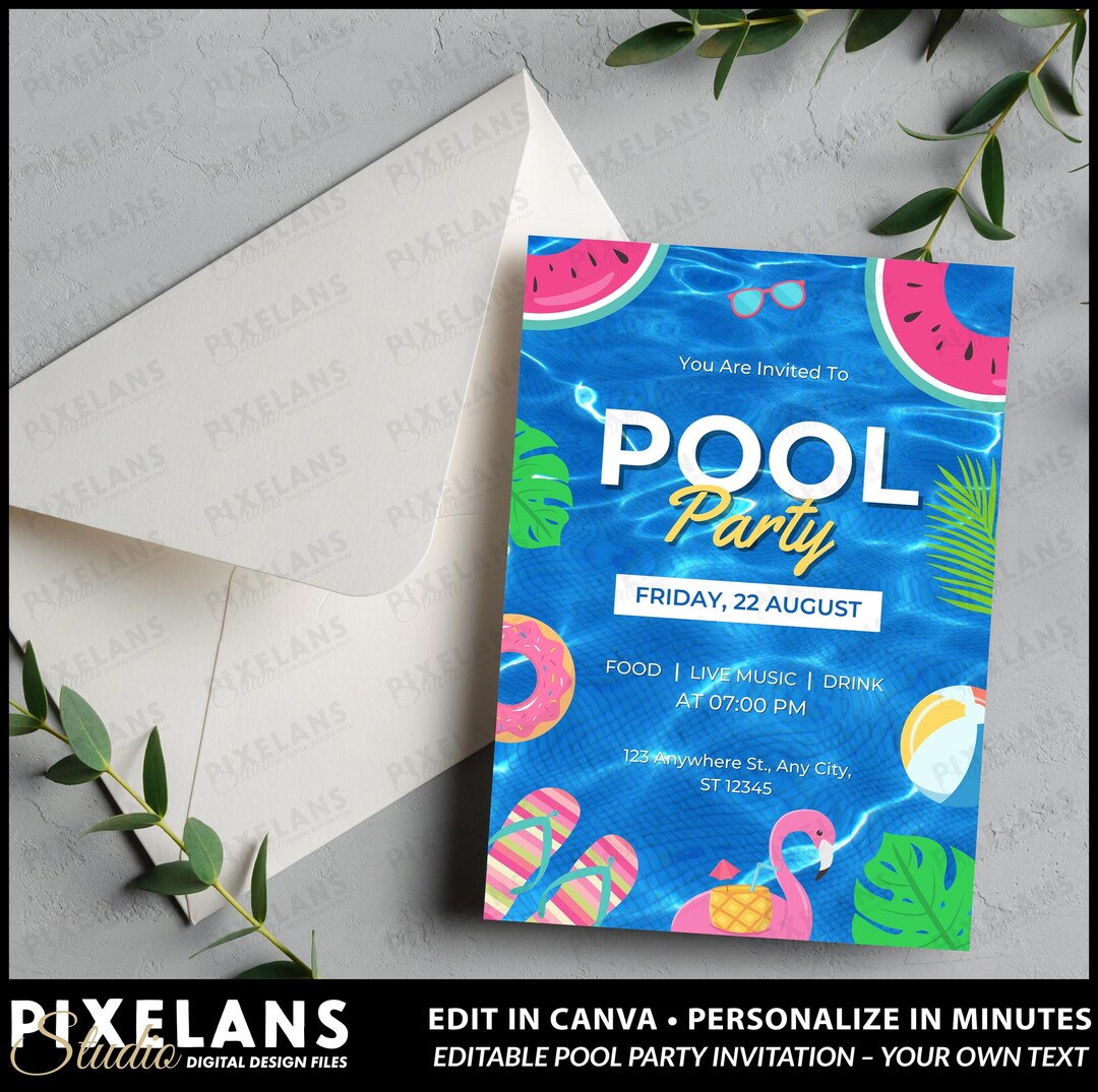 Pool Party Invitation Digital Design Download, Editable Canva Summer ...
