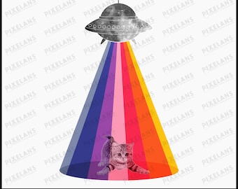 UFO Cat Abduction Art: Retro Rainbow Design (Digital Download)