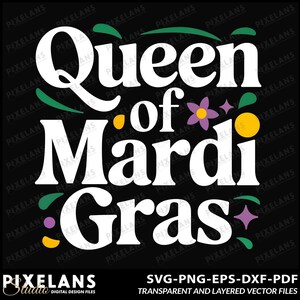 マルディグラの女王のデジタルデザインのダウンロード、お祭りのカーニバルのタイポグラフィーアート、マルディグラパーティーのクリップアート、ニューオーリンズのお祝いの装飾