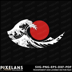 Japanese Wave Art Print: Red Sun Minimalist Design (Digital Download)