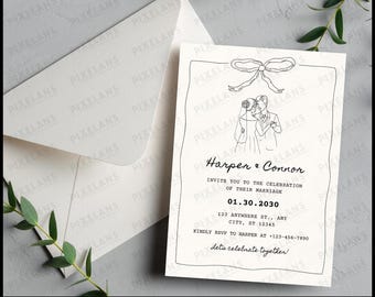 Wedding Invitation Digital Design Download, Elegant Canva Template with Hand-Drawn Couple Illustration