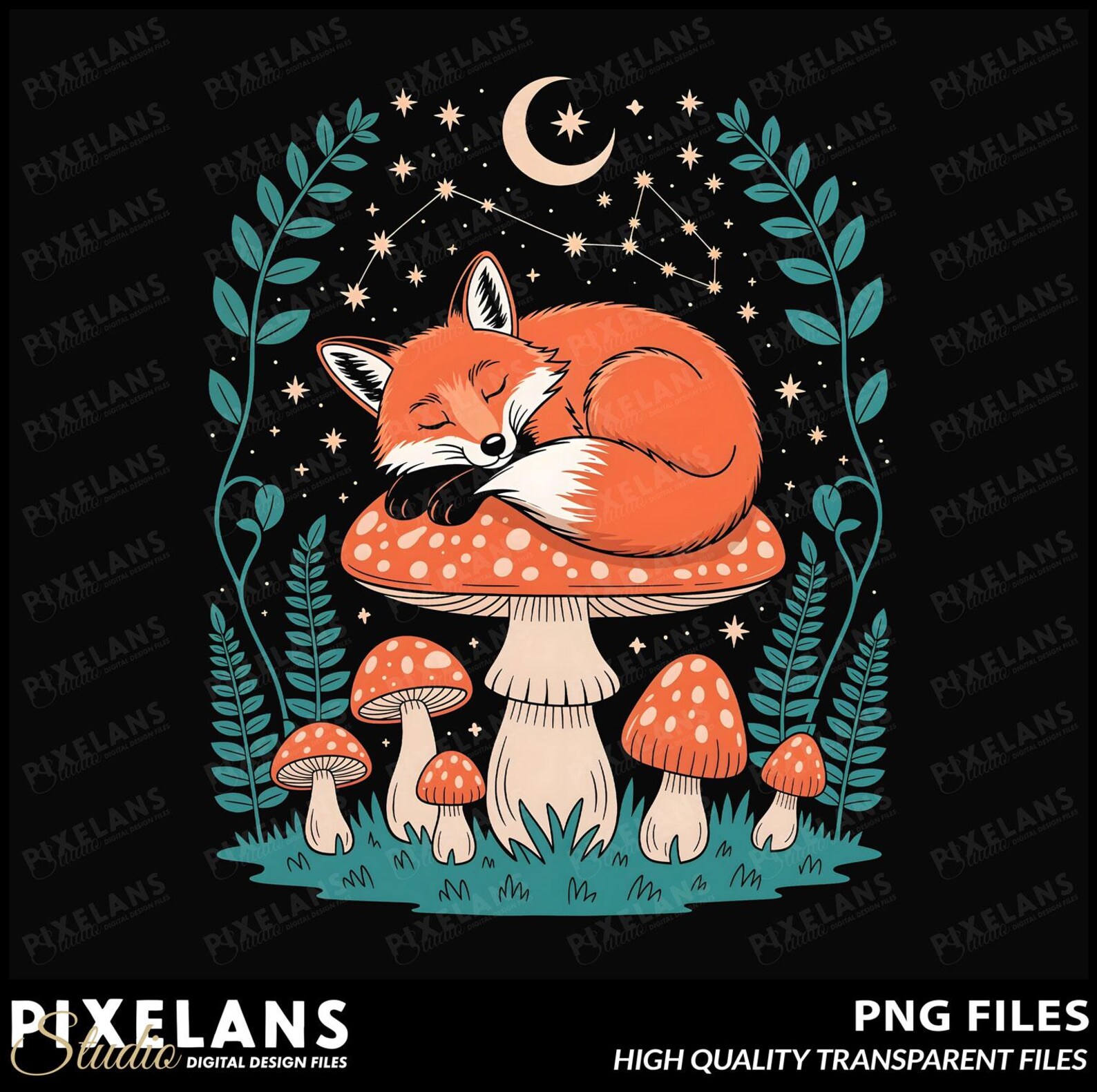 Sleeping Fox on Mushroom PNG | Celestial Cottagecore Art | Mystical ...