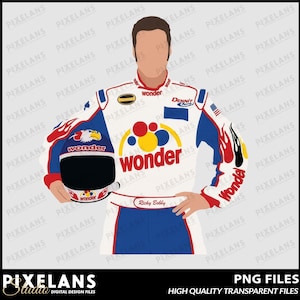 May include: Illustration of a race car driver in a white, red, and blue racing suit holding a helmet. The suit features the word "wonder" and the driver's name, "Ricky Bobby". The helmet has an eagle graphic.