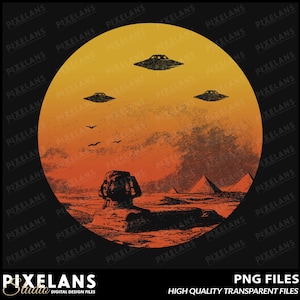 Puede incluir: Una ilustración digital de la Gran Esfinge de Giza con tres platillos voladores en el cielo arriba. El fondo es una puesta de sol con un degradado amarillo, naranja y rojo. La imagen está en un marco circular.