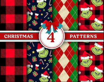 4 Christmas Seamless Pattern Bundle With Grinch, Plaid, And Argyle Designs Digital Design Download, Christmas Seamless Pattern