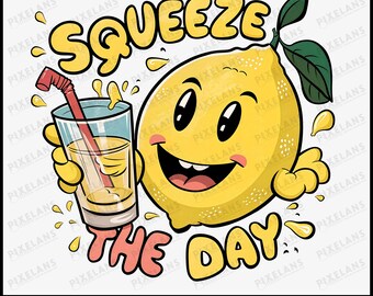 Squeeze The Day Lemon PNG, Retro Cartoon Clipart (Digital Download)