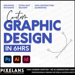 以下が含まれることがあります： Custom GRAPHIC DESIGN IN 6HRSというテキストが記載されたデジタルグラフィックデザインサービスの広告。Adobe Photoshop、Illustrator、InDesignのアイコン、ベクターパスのグラフィック、および100% HUMAN CRAFTEDというテキストが含まれています。