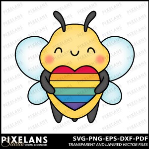 May include: A cartoon bee with a rainbow heart in its arms. The bee is yellow with black stripes and has a smiling face. The bee has large, blue wings.