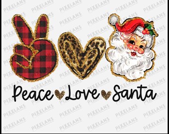 Peace Love Santa Digital Design Download, Buffalo Plaid and Leopard Print Christmas Art, Retro Santa Clipart, Glitter Christmas