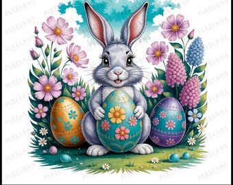 Conejo de Pascua con huevos, decoración floral para habitación infantil (descarga digital)