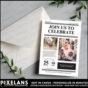 Anniversary Invitation Digital Design Download, Editable Newspaper Style Canva Template with Photo