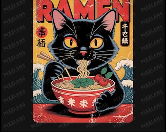 Póster japonés retro de gato ramen: Decoración de cocina de gato negro (descarga digital)