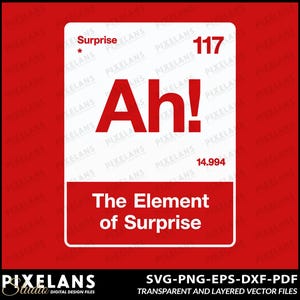 May include: A rectangular graphic design resembling a periodic table element tile with a red border and white centre. It features the text Surprise, the number 117, the symbol Ah!, the number 14.994, and the text The Element of Surprise in red.