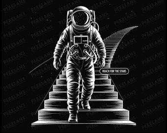 Astronaut Climbing Stairs Galaxy Art, SciFi Space Print (svg, png, dxf, eps, pdf)