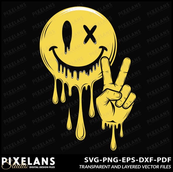 Trippy Dripping Smiley Face Peace Sign - Grunge Retro Art (digital
