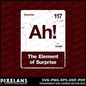 May include: A white graphic design with the text "Surprise" and "Ah!" in a distressed font. Below, it reads "The Element of Surprise." The design includes the number 117 and 14.994. The bottom text says "SVG-PNG-EPS-DXF-PDF".