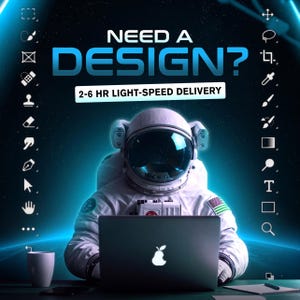 May include: An astronaut in a spacesuit is seated at a desk, working on a laptop with a pear logo. The image features the text "NEED A DESIGN?" and "2-6 HR LIGHT-SPEED DELIVERY" in a futuristic design. A white mug is on the desk.