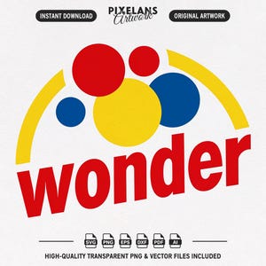 May include: A graphic design featuring the word wonder in bold red lowercase letters beneath a yellow arch. Above the text are several overlapping circles in red, yellow, and blue. The image includes the text PIXELANS ARTWORK at the top and file format icons at the bottom.