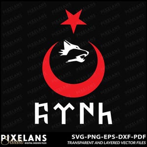 Könnte beinhalten: Ein roter Halbmond mit einem weißen Wolf im Inneren, ein roter fünfzackiger Stern darüber und das Wort "RYN" in Weiß darunter. Das Design ist auf schwarzem Hintergrund.