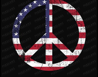 May include: A peace sign with a distressed American flag design. The peace sign is white with a red and white striped background. The stars are blue.