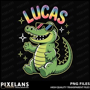 May include: A cartoon illustration of a green alligator wearing sunglasses, with the name "LUCAS" in rainbow-coloured bubble letters above. The design includes sparkling star accents and the text "PNG FILES HIGH QUALITY TRANSPARENT FILES" at the bottom.