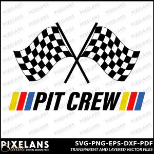 Może przedstawiać: Czarno-białe szachownice wyścigowe skrzyżowane ze sobą z tekstem "PIT CREW" czarnymi literami i żółto-czerwono-niebieskim paskiem pod tekstem.