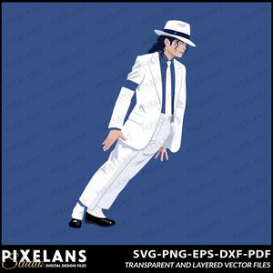 May include: A digital illustration of a person leaning forward at an angle, wearing a white suit, a dark blue shirt, a dark blue tie, and a white fedora with a dark band. The figure has dark hair and is posed in a classic dance stance.