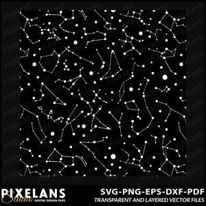 May include: Black and white digital design featuring a constellation pattern. The design includes interconnected white dots and lines against a black background. The bottom of the image includes the text "SVG-PNG-EPS-DXF-PDF" and "TRANSPARENT AND LAYERED VECTOR FILES".