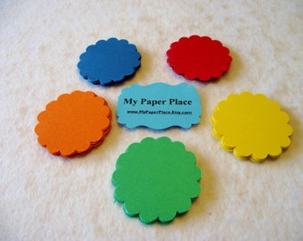 Scalloped Circle Die Cuts/ Bright Primary Colors/Red/Orange/Yellow/Green/Blue/2 inch cardstock-  Free Secondary Shipping