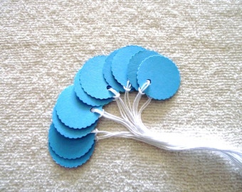 Bright  Sky  Blue - Cardstock Tags - 1 in.  Prestrung Round Scalloped Tags -Free Secondary Shipping