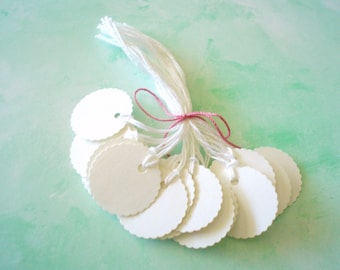 25  Prestrung Tags - 1 Inch Round Scalloped - FREE Secondary Shipping- White/Ivory