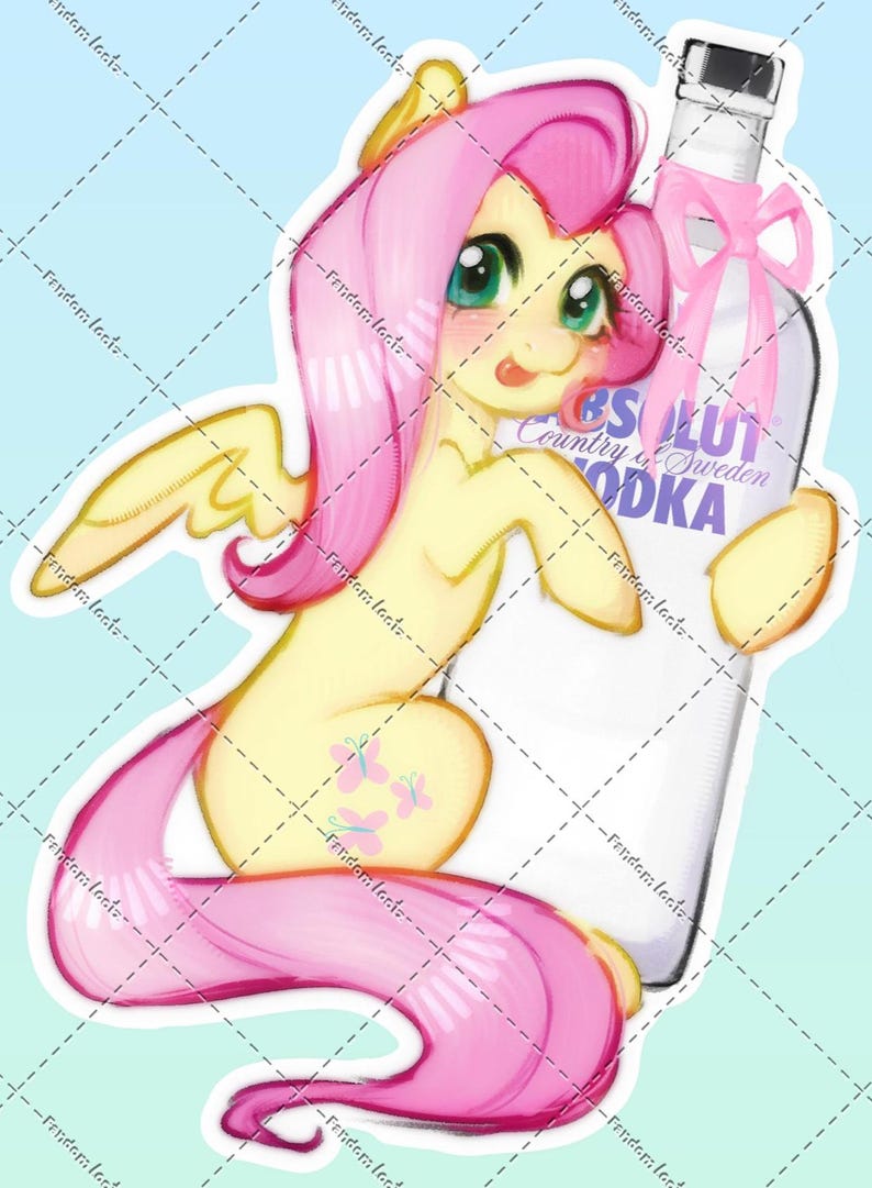 May include: A sticker illustration of a yellow pony with a long pink mane and tail, featuring three small pink butterfly symbols on its flank. The pony is positioned next to a clear glass bottle labeled Absolut Country of Sweden Vodka.