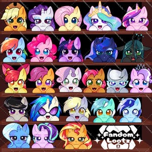 May include: A digital illustration featuring twenty-three colorful cartoon ponies arranged on five wooden shelves. Each pony has large expressive eyes and is shown from the chest up. The bottom right corner displays the text Fandom Lootz.