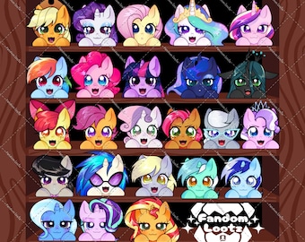 May include: A digital illustration featuring twenty-three colorful cartoon ponies arranged on five wooden shelves. Each pony has large expressive eyes and is shown from the chest up. The bottom right corner displays the text Fandom Lootz.
