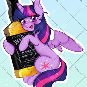 May include: A sticker featuring a purple pony character with a dark blue and pink mane and tail, holding a bottle of Jack Daniel's Tennessee Sour Mash Whiskey. The pony has a pink star-shaped cutie mark on its flank and large purple eyes.