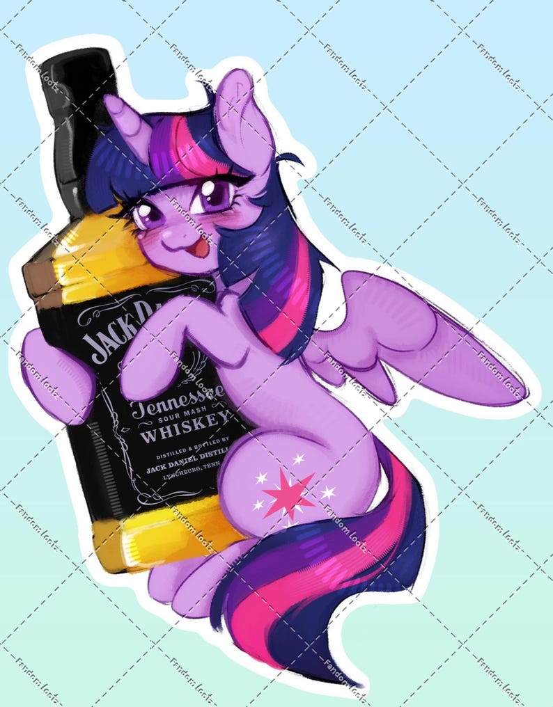 May include: A sticker featuring a purple pony character with a dark blue and pink mane and tail, holding a bottle of Jack Daniel's Tennessee Sour Mash Whiskey. The pony has a pink star-shaped cutie mark on its flank and large purple eyes.