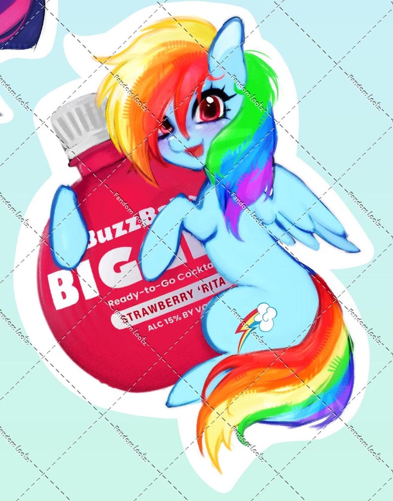 May include: A die-cut sticker featuring a light blue pony with a rainbow-colored mane and tail, positioned in front of a red BuzzBallz Biggies Strawberry 'Rita cocktail container. The pony has large red eyes and a cloud-and-lightning bolt cutie mark.
