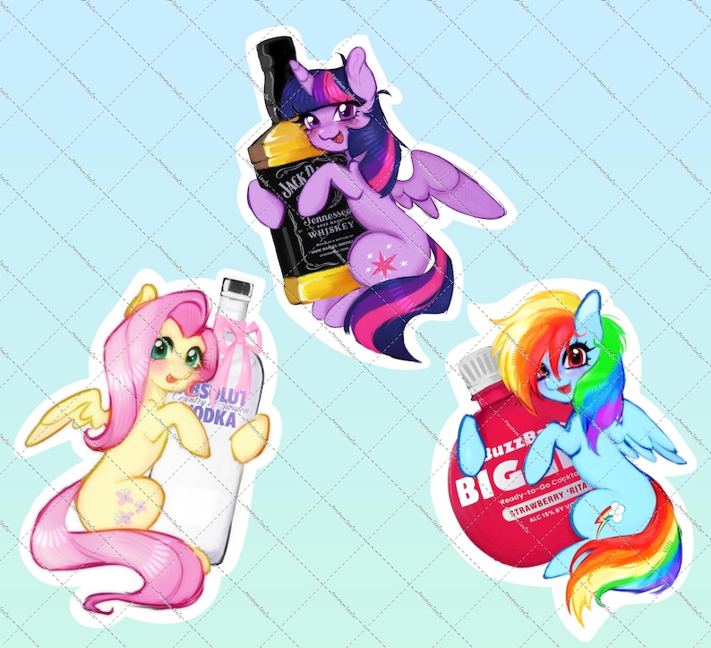 May include: Three die-cut stickers featuring cartoon ponies. One purple pony holds a Jack Daniel's bottle, a yellow pony holds an Absolut Vodka bottle, and a blue pony with a rainbow mane holds a red BuzzBallz Biggies strawberry cocktail container.