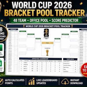 Könnte beinhalten: Eine digitale World Cup 2026 Turnierplan-Vorlage für Excel und Google Sheets. Das Layout enthält einen Turnierbaum für 48 Teams, eine Rangliste für Tippspiele und eine Punktetabelle, verziert mit dem offiziellen FIFA World Cup Pokal.