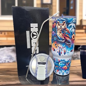 40oz Stainless Steel Owl Tumbler - Floral Celestial Dreamcatcher Design, Insulated Travel Cup, Reusable Water Bottle Gift