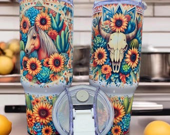 Aztec Cactus 40oz Tumbler: Country Western Insulated Travel Mug
