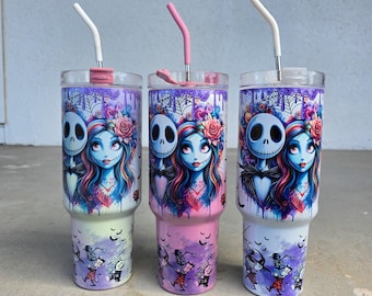 Christmas 40oz Tumbler - Stainless Steel with Handle - Pink Gradient Shimmer, White Shimmer