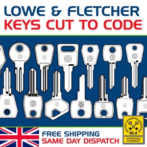 May include: A collection of various metal keys with different head shapes and blade profiles, each featuring a small square logo. The text reads LOWE & FLETCHER KEYS CUT TO CODE. A yellow Master Locksmiths Association logo is in the corner.